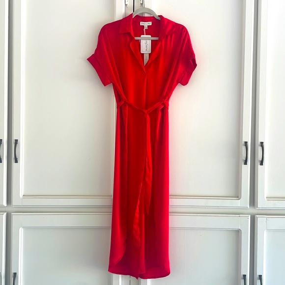 She +Sky Red Drop Shoulder Satin Dress, Small - Picture 1 of 13